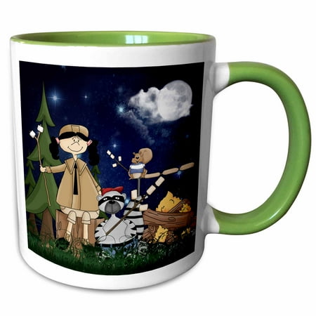 - 3dRose Girls Scout Camper in the Woods with a Squirrel and Marshmallows - Two Tone Green Mug, 11-ounce