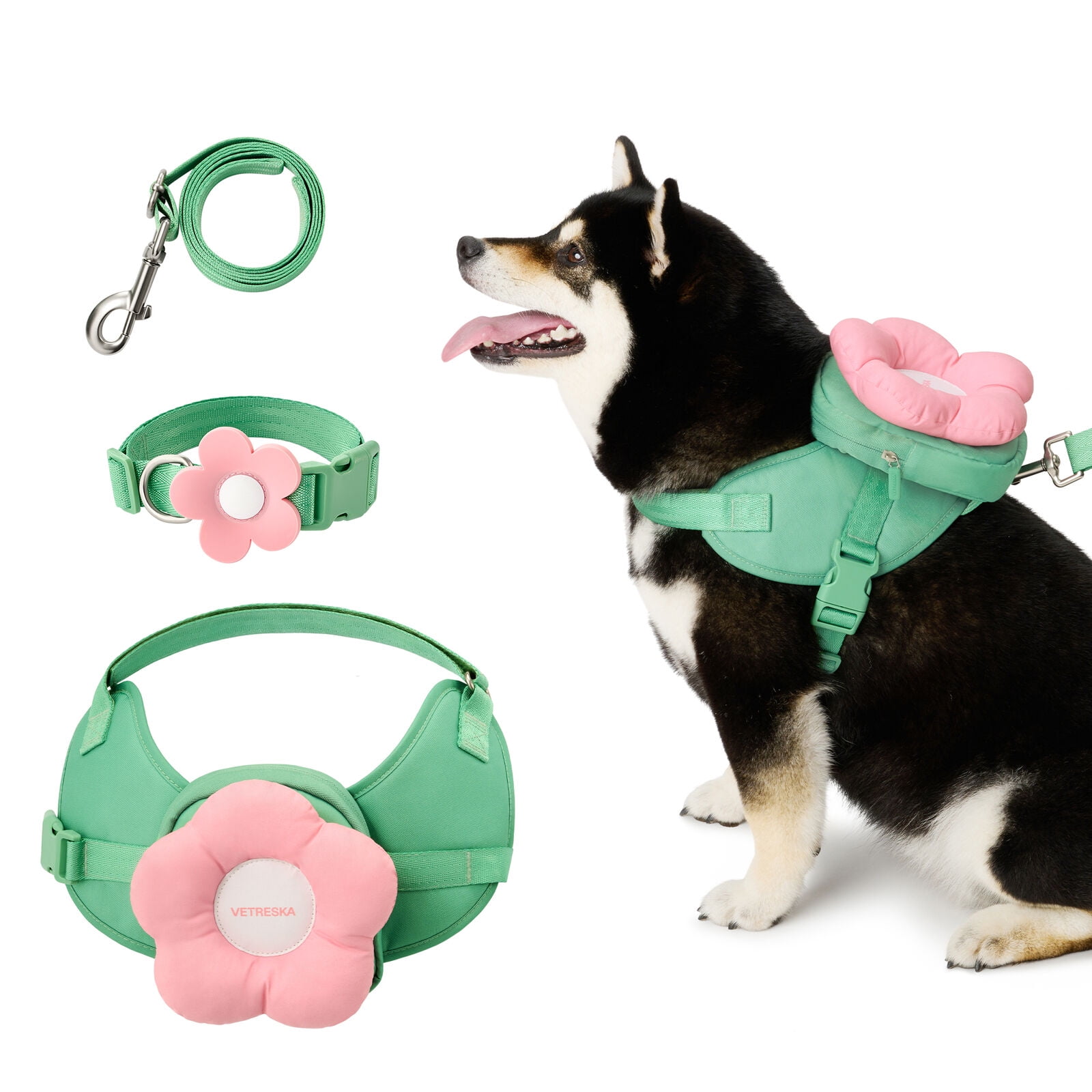 VETRESKA Flora Dog Harness & Backpack Leash with Collar 3 In 1 Set Adjustable No Pull Vest Harness