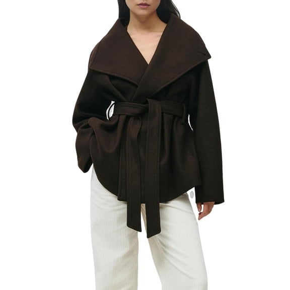 Women Blend Coat Fall Winter Oversized Lapel Shawl Collar Midi Trench Overcoat with Belt Brown S