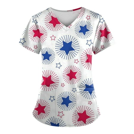 

Sksloeg Womens Scrub Tops Stretchy 4th Of July American Flag Print Short Sleeve V-Neck Lightweight Easy Fit Shirts Tee Tops with Pockets Dark Blue S