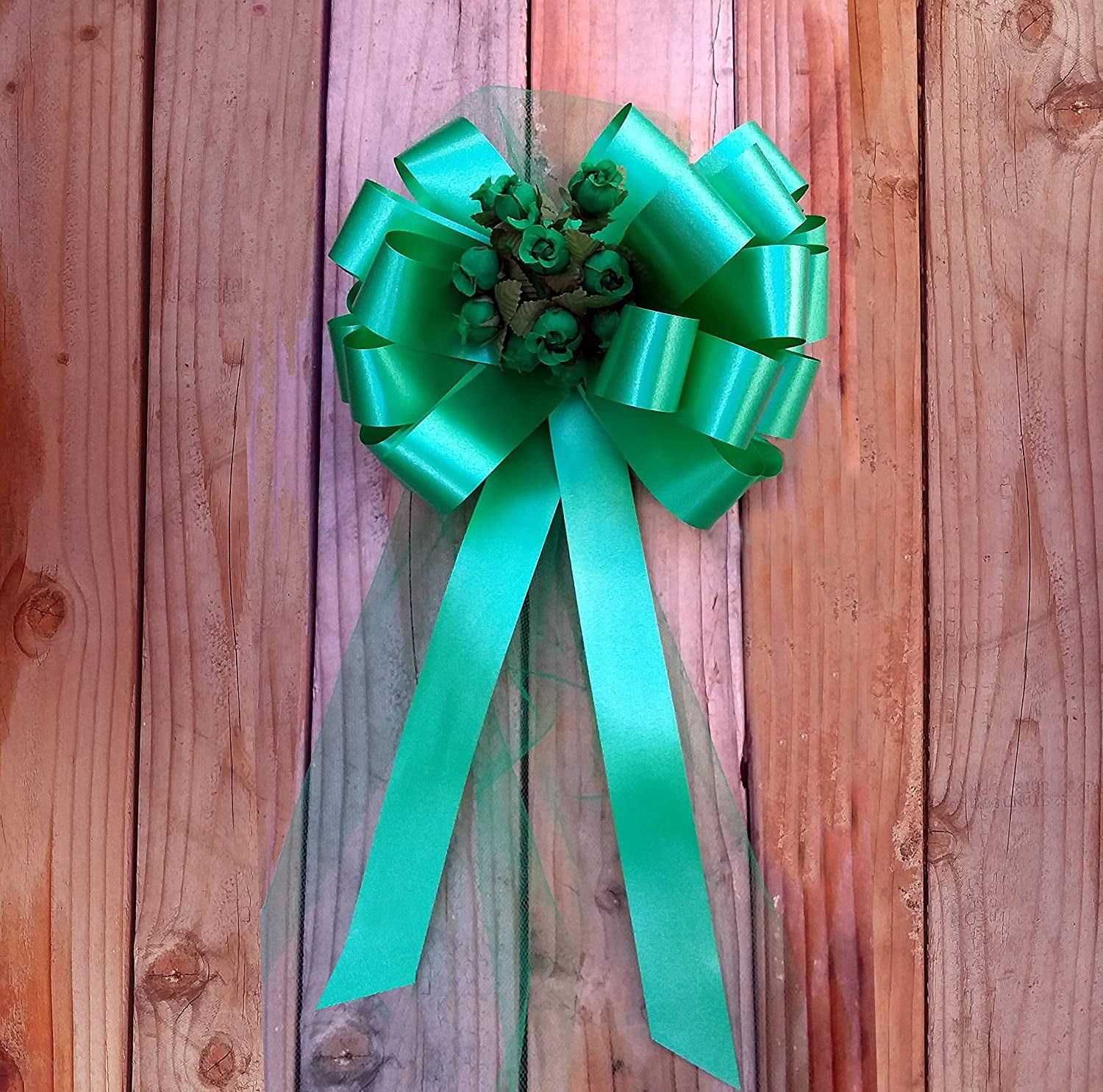 Emerald Green Pull Bows with Tulle Tails and Rosebuds - 8" Wide, Set of 6, Christmas, Wedding, St. Patrick's Day