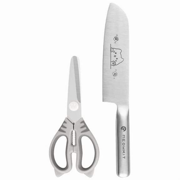 Meowkit 2-Piece Kitchen Knife and Scissors Set with Cute Cat Etching, Safe Round Tip Blade