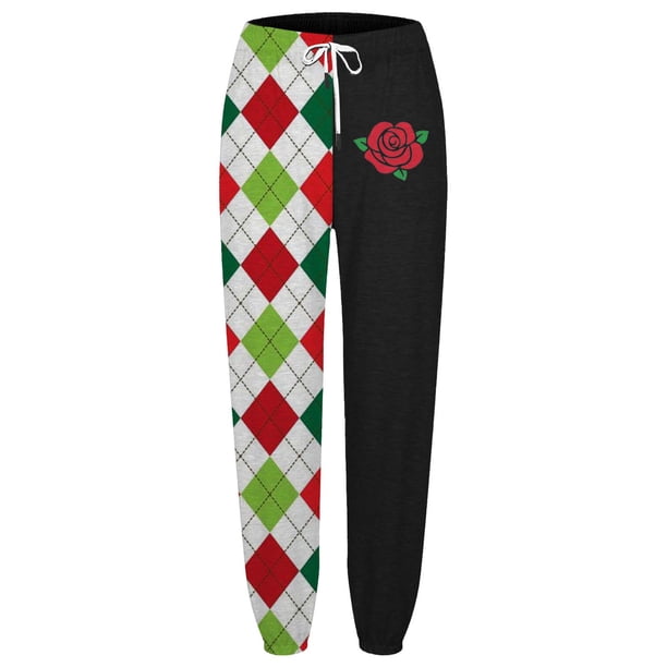 Pantalones de mezclilla Gibobby mujer deportivos informales con cordón y estampado digital de rosas a cuadros verdes sueltos Negro L