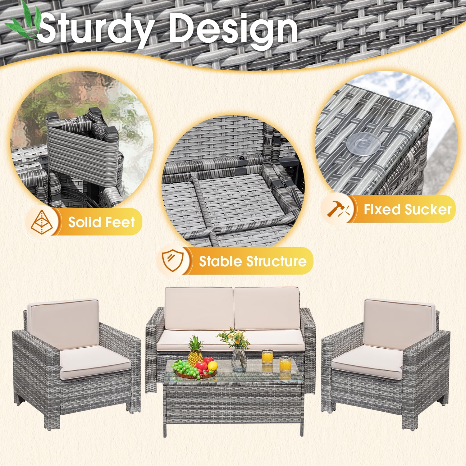 Devoko 4 Pieces Patio Conversation Set PE Rattan Wicker Furniture Sofa Set Outdoor Indoor Furniture Set, Gray