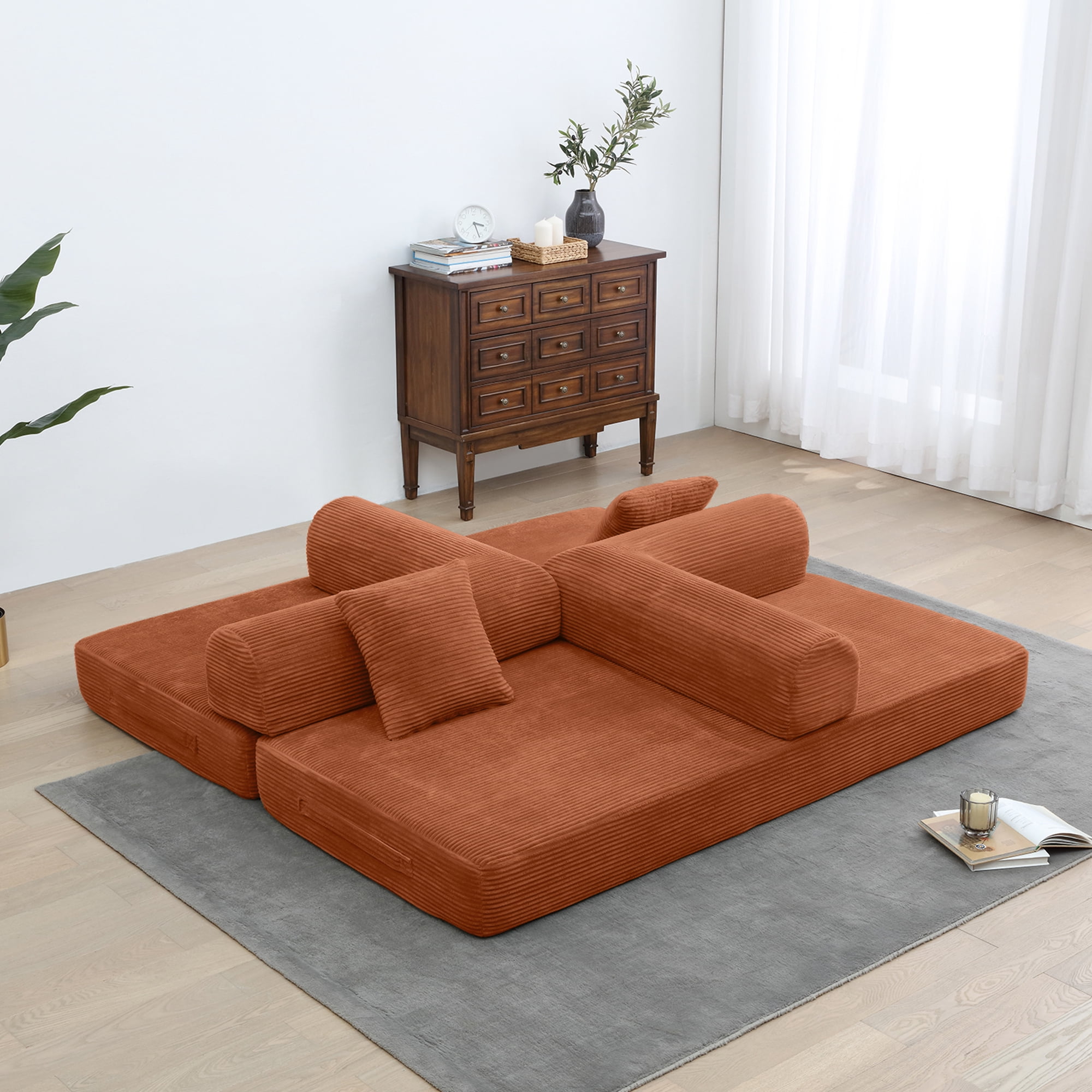 Miniyam Convertible Sleeper Sofa Bed with Cylindrical Pillow - Corduroy Folding Mattress Couch with Fixed-Shape Frame for Living Room, Bedroom, Lounge, Studio - Orange