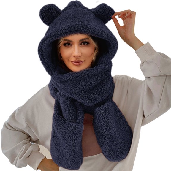 RUIG Scarf Gloves Hat Set Winter Cute Bear Ear Warm Hat Women Plush Earflap Hat Windproof Cap Hat With Ears And Hood Hat Scarf 2 In 1 Hooded Scarf For Women