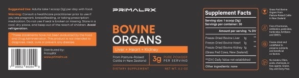Grass Fed Beef Organ Powder with Liver, Heart & Kidney, Freeze-Dried Whole Food Organ Supplement, 90g