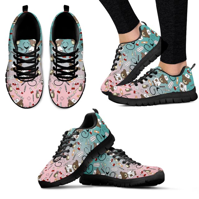 Zapatos médicos de enfermera con dibujos de oso y degradado azul, cómodos zapatos planos negros de verano con dibujos animados para médicos