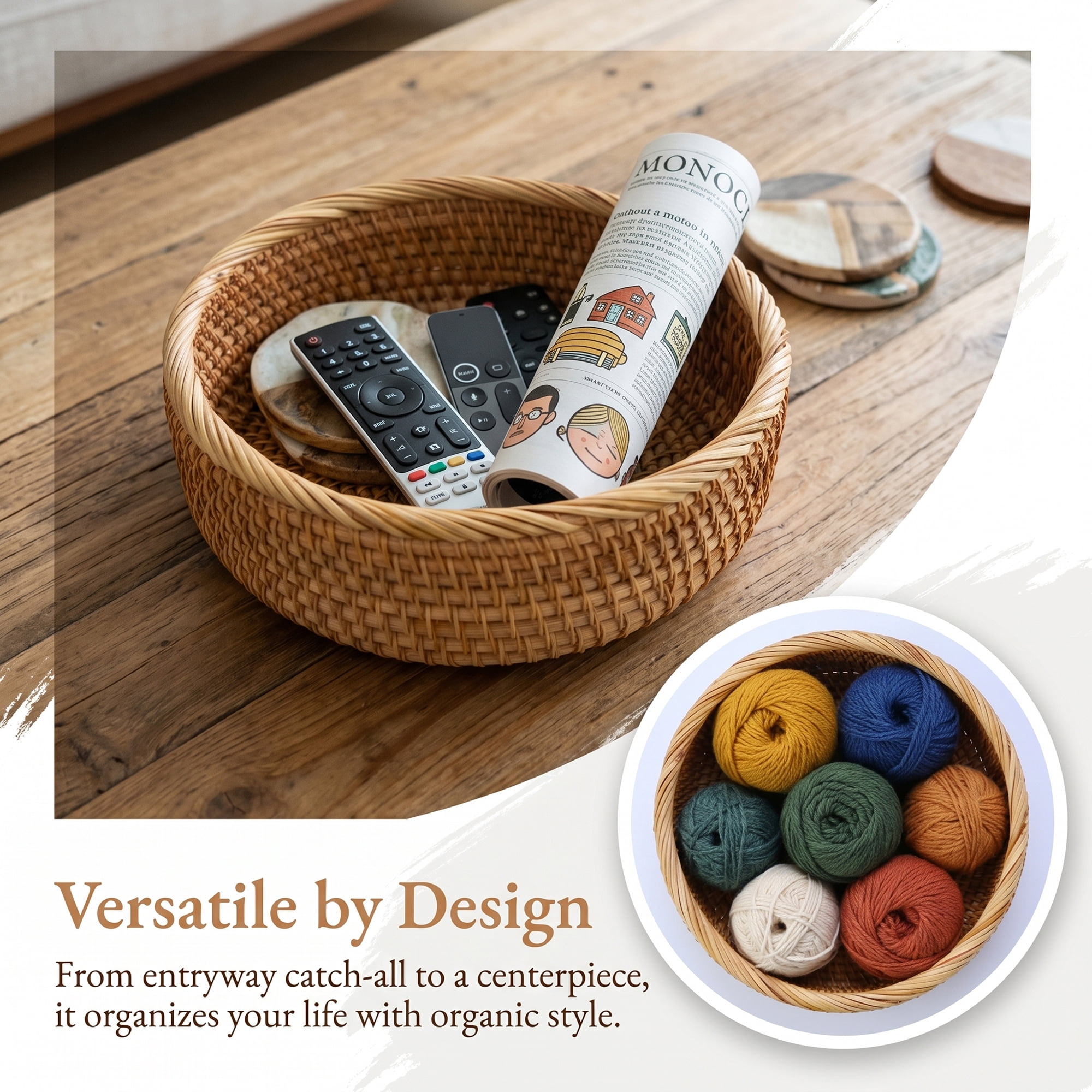 Unique Bargains Handmade Rattan Bowl Round Woven Basket Bamboo Brown 9.4*9.4*3.1inch