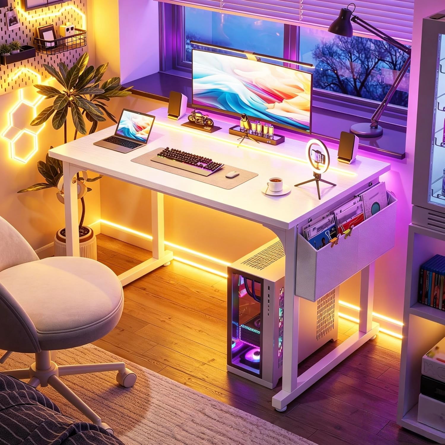 Romorgniz 40 Inch Computer Desk with LED Lights for Small Spaces, Home Office Desk with Storage Bag, Headphone Hook, White