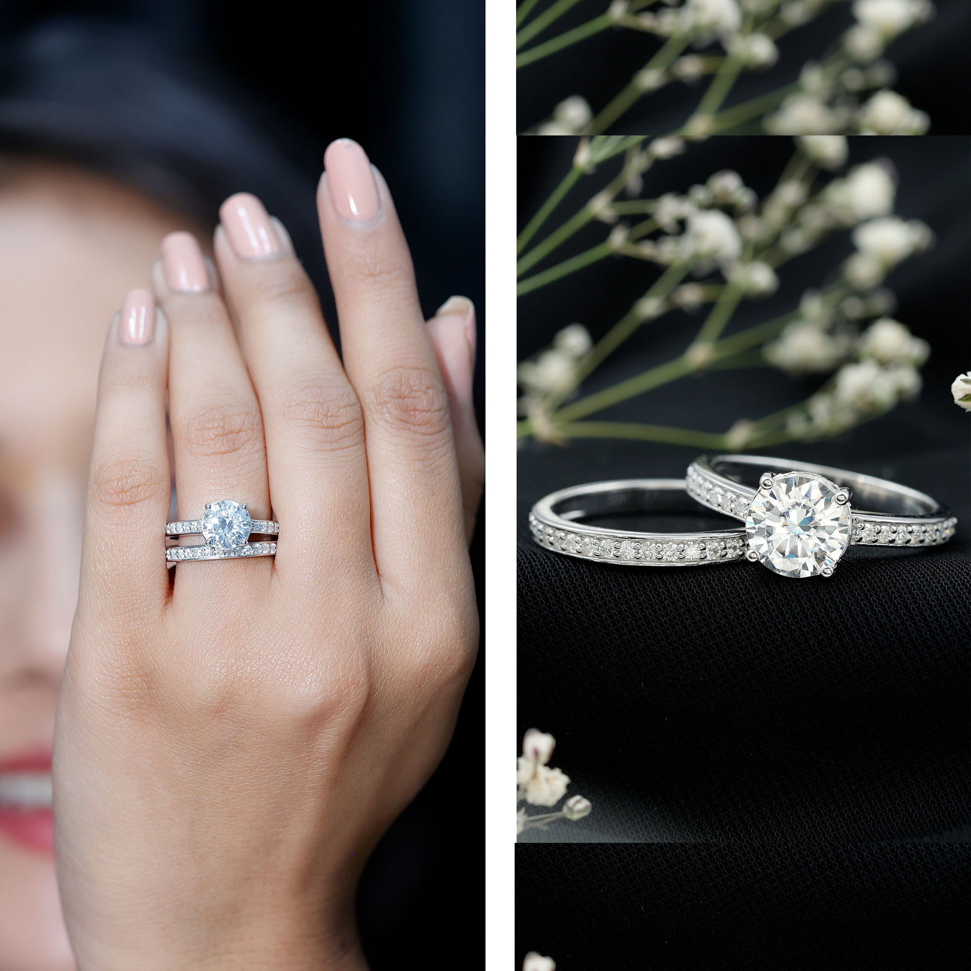 Rosec Jewels Lab Grown Diamond Wedding Engagement Ring Set for Women - 2 Carat Engagement Ring with Band - EF-VS Quality, 10K White Gold, US 7.00