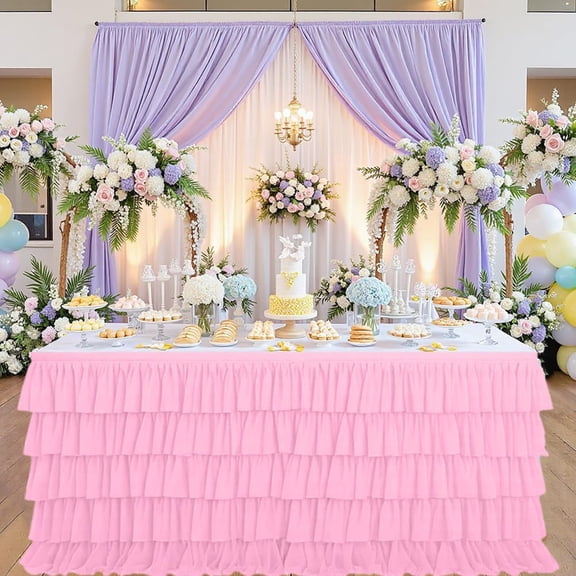 6FT Table Skirt Pink Table Skirts Tulle Desk Skirts Rectangular Tables Desk Skirt Ruffle Tablecloth Cover Decorations Polyester with Adhesive Tape