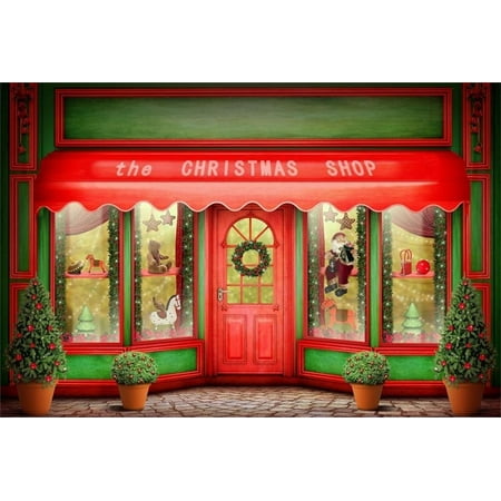 Image of MOHome 7x5ft Photography Background the Christmas Shop Front Door Bonsai Plants Wreath Garland Embellishment Horse Bear Santa Claus Happy Night Scene Red House Video Studio Props