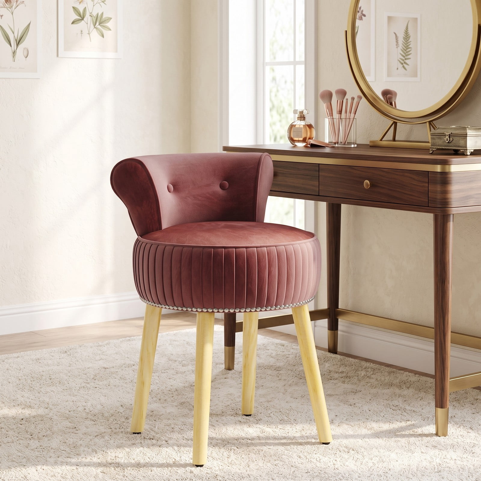 Furnibear Velvet Vanity Chair with Tufted Low Back and Solid Wood Legs for Bedroom Makeup and Dressing Table Seating, dusty rose