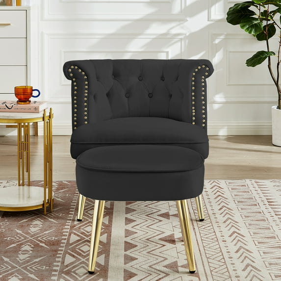 Modern Velvet Accent Chair with Ottoman, Upholstered Armchair Single Sofa Chair Footrest Set with Nailhead Arms for Living Room Bedroom Apartment