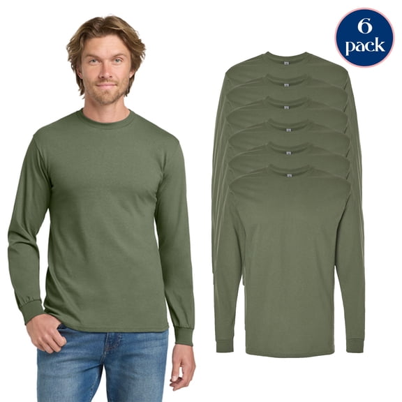 Gildan Mens Heavy Cotton Long Sleeve T-Shirt, Military Green Casual Cotton Tees, Pack 6, S