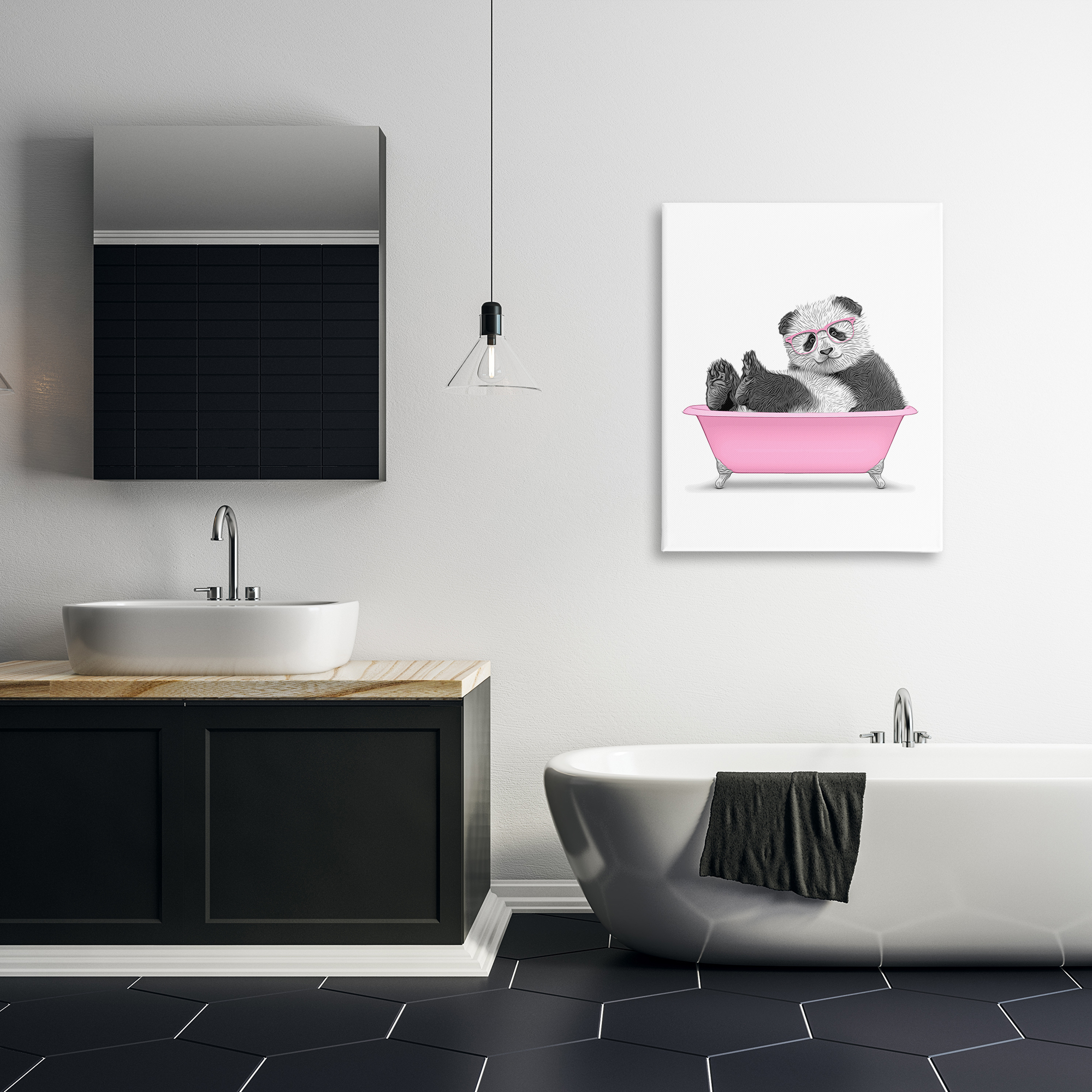 Stupell Industries Pink Hip Panda in Bath Bath & Laundry Painting Wrapped Canvas Art Print Wall Art, 30 x 40