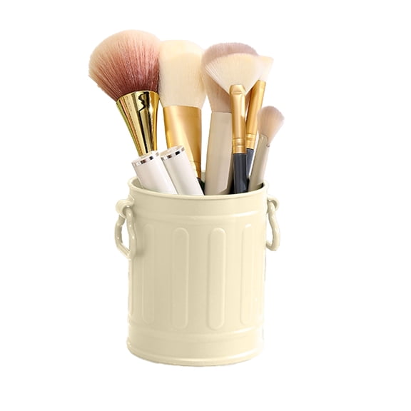 Cute Bucket Shaped Desktop Organizer, Plastic Pen Holder with Dual Handles, Compact Storage Container for Office and Living Room,Beige