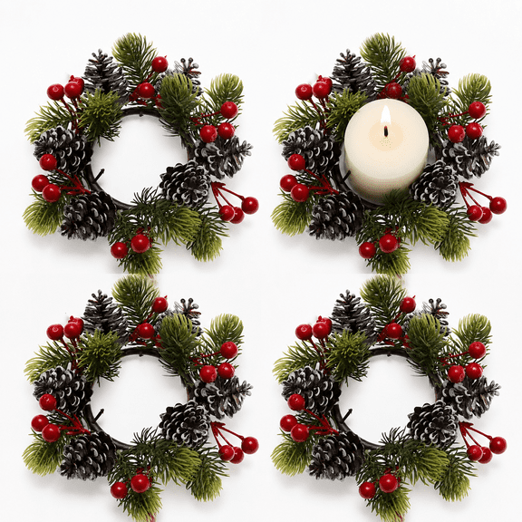 4 Pack Christmas Candle Wreath Rings with Pinecones, Red Berries, Pine Needles – Artificial Holiday Candle Holder Decor for Table Centerpiece, Fireplace Mantel, Cabinet, Wedding – Xmas Home Accents