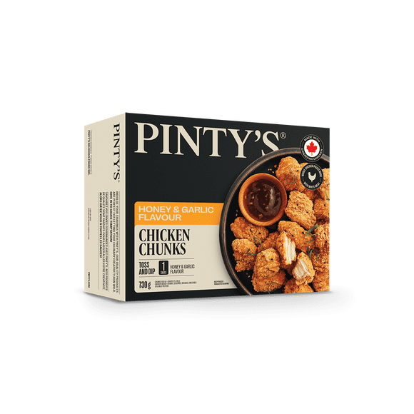 Pintys Honey & Garlic Flavoured Chicken Breast Chunks, Seasoned, Breaded, Uncooked, Pintys Honey & Garlic Flavoured Chicken Breast Chunks