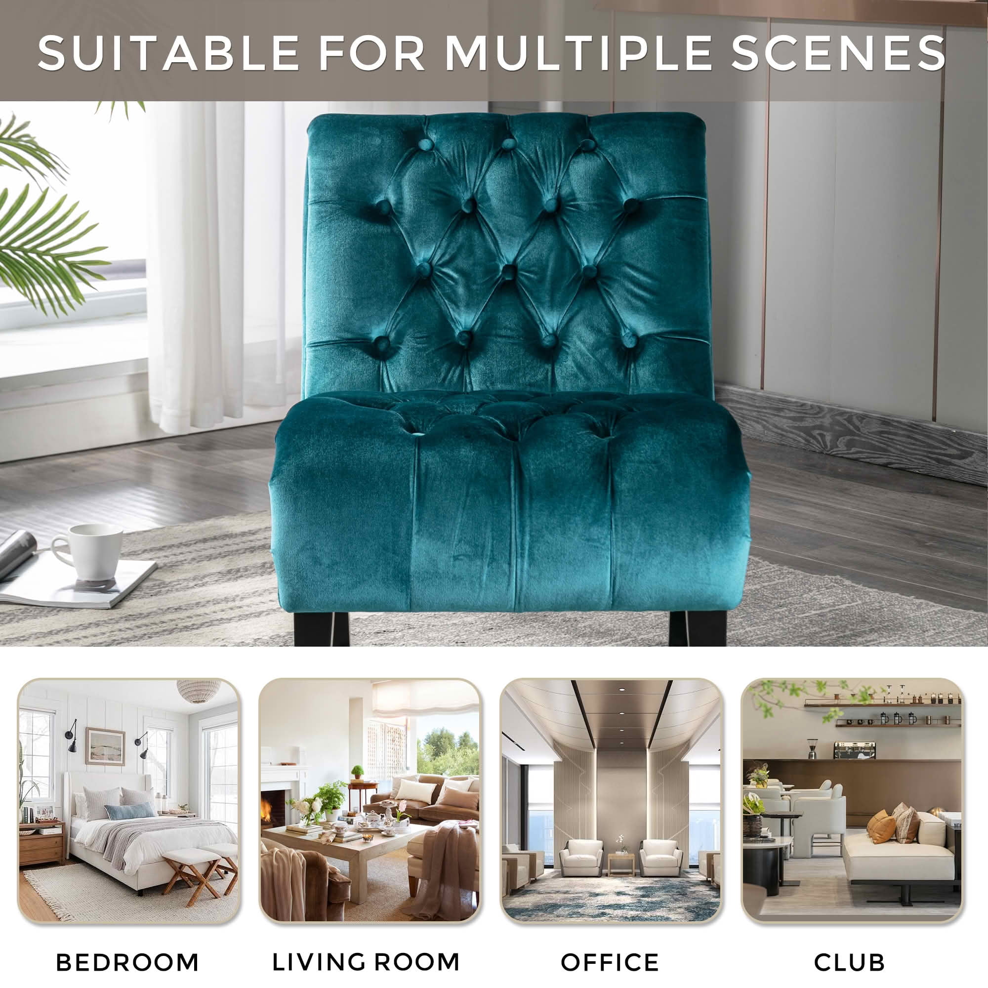 MAYEERTY 22.83-Inch Velvet Button Tufted Armless Accent Chair, Upholstered Leisure Side Chair with Wooden Legs for Bedroom Living Room Office