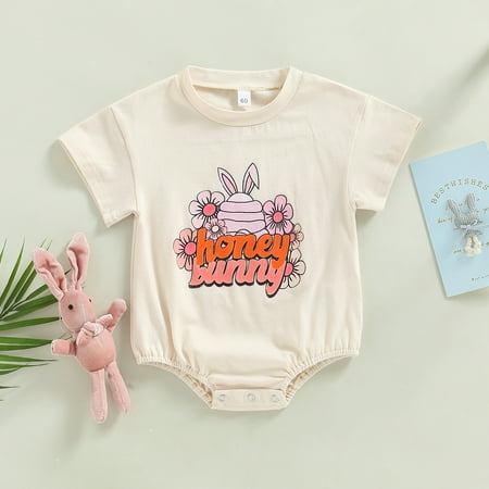 

Lamuusaa Baby Boys Girls Easter Romper Short Sleeve Floral Letter Print Bodysuit Newborn Clothes