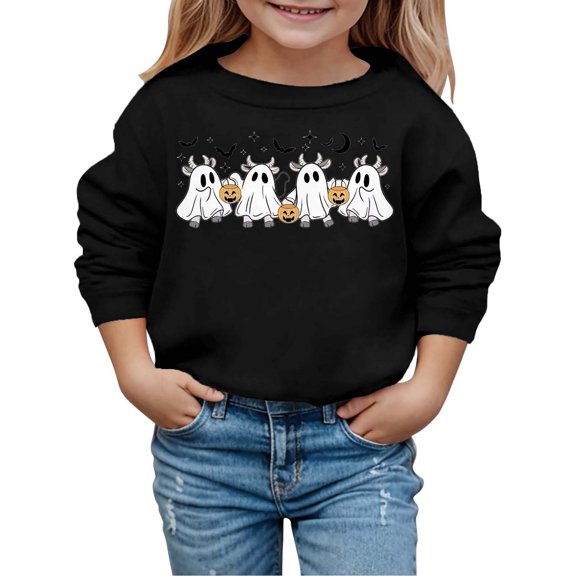 Curuila Toddler Child Boys Girls Halloween Sweatshirt Long Sleeve Hallowmas Ghost Print Crew Neck Pullover For Boys Loose Fit Casual Tops Black Size 3-4 Years