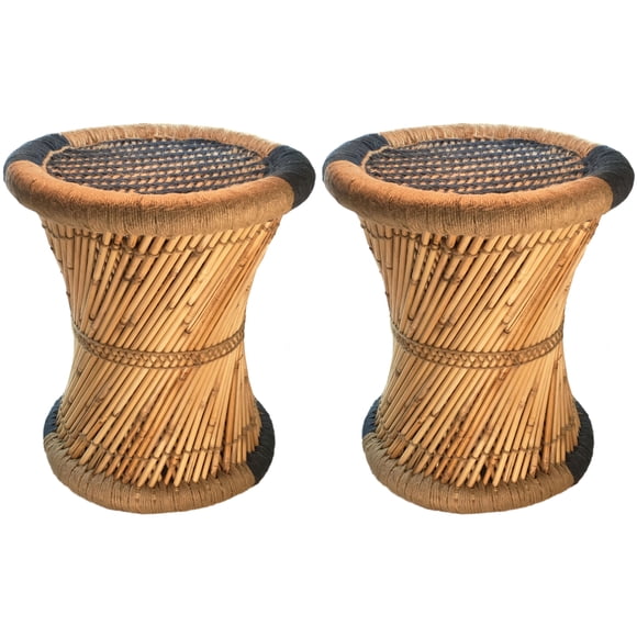 Natural Geo Moray Accent Stool (Set of 2) - Handwoven Blue Striped