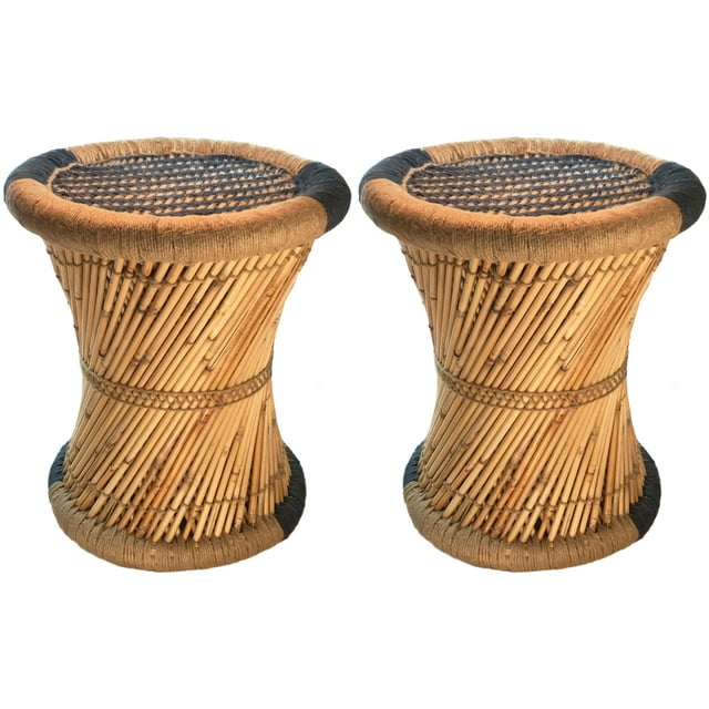 Natural Geo Moray Accent Stool (Set of 2) - Handwoven Blue Striped