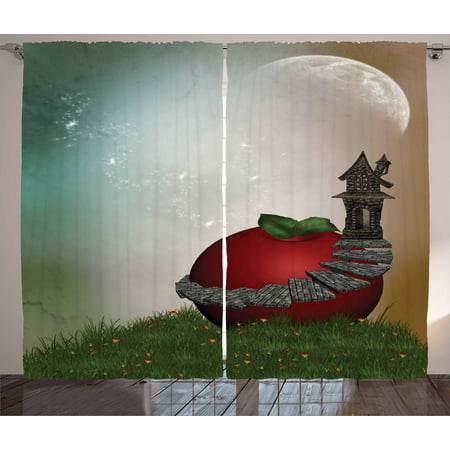 Fantasy Curtains 2 Panels Set, Fictional House in a Magical Garden with a Big Red Apple Fresh Grasss and Full Moon, Window Drapes for Living Room Bedroom, 108W X 108L Inches, Multicolor, by
