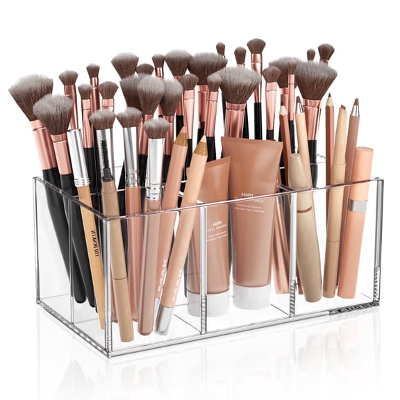 Niubee Acrylic Makeup Brush Holder with 6 Slots Brush Organizer, Clear Storage Holder for Bathroom, Bedroom and Office Desk Accessories