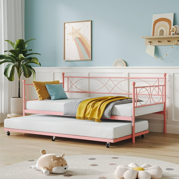 Daybed with Trundle, Twin Daybed Frame, Sturdy Metal Sofa Bed Frame with Steel Slat Support for Living Room