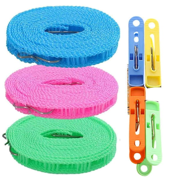 Tendedero de nailon de 3 piezas de 8 m, tendedero a prueba de viento con 4 pinzas para la ropa, tendedero antideslizante, tendedero portátil antideslizante para viajes de camping en interiores y