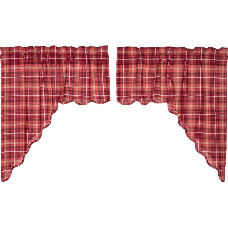 VHC Brands Braxton Scalloped Curtain Tiers - Rustic Red Plaid, 36x36 Inch Set, 100% Cotton Light Filtering