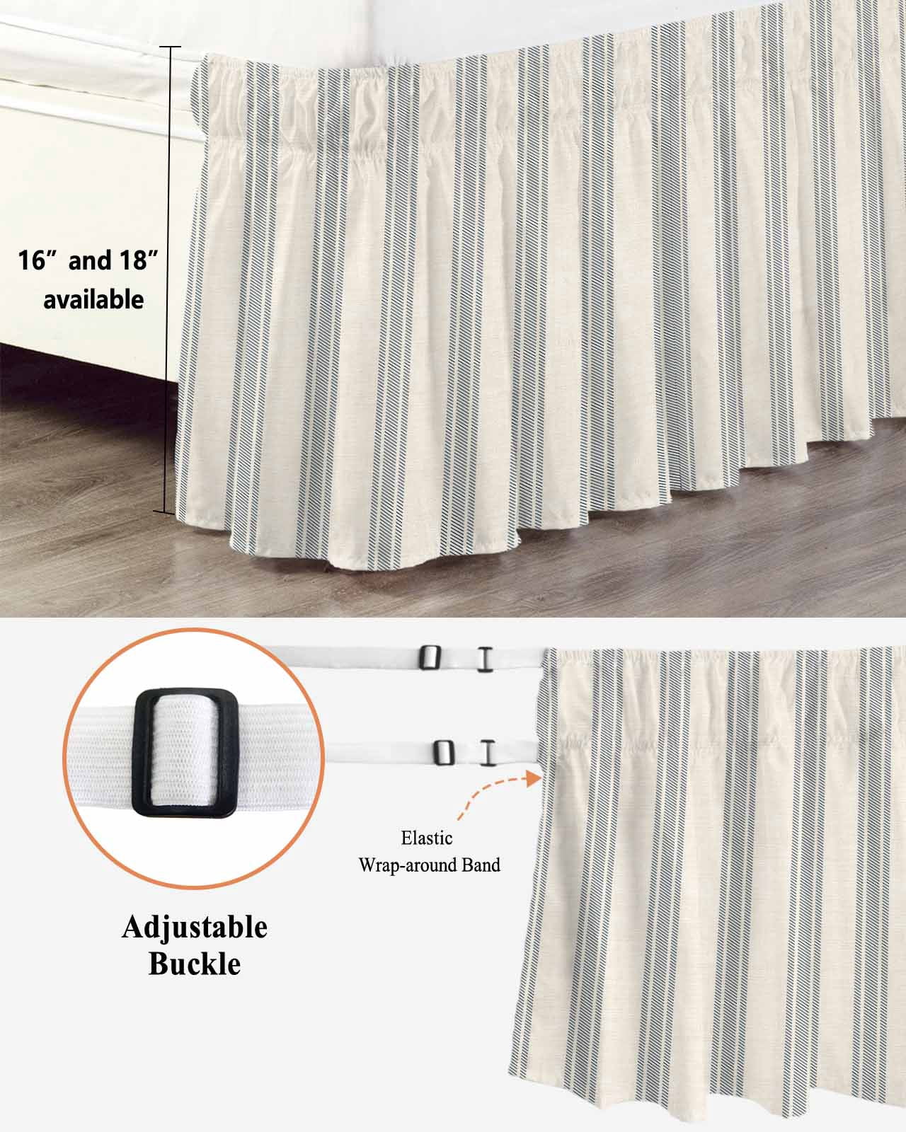 Blue Striped Bed Skirt Queen Size, Modern Farmhouse Stripes Rustic Wrap Around Bed Skirting with Adjustable Elastic Strap, Dust Ruffle Pleated Bedskirts 16 Inch Drop for Bedroom Queen Beds