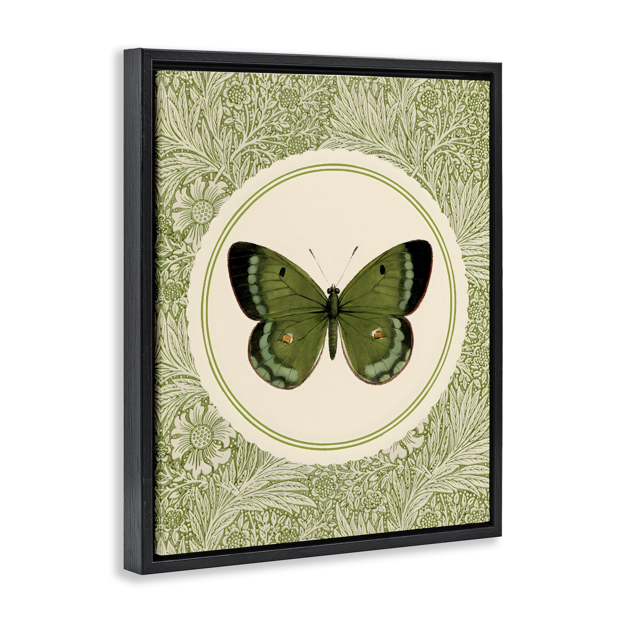 Stupell Industries Green Butterfly Botanical Medallion Black Framed Floater Canvas Wall Art, design by LSR Design Studio