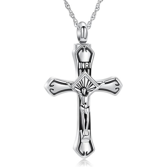 Jesus Christ Crucifix Cross Urn Necklaces for Ashes for Women Men Cremation Pendant Urn Necklace for Ashes Stainless Steel Memorial Jewelry