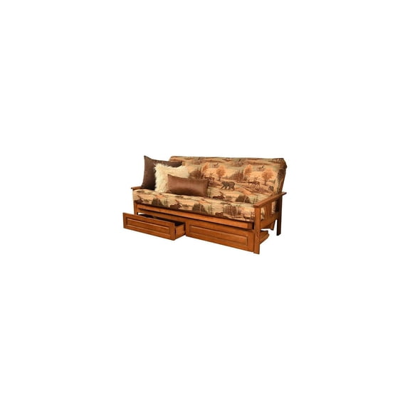 French Country Full Futon Frame Set with Mattress and Storage Drawers, Classic Foldable Hardwood Frame, Easily Converts To Bed