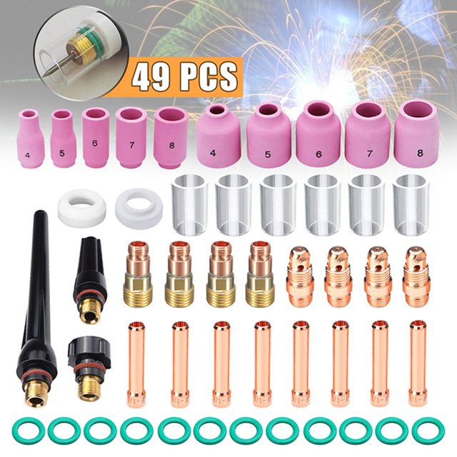 Muyoka Kit de accesorios de soplete de soldadura TIG de 49 piezas con copa de vidrio de alta temperatura Copa trasera Collets Collets Cuerpo Boquilla de alúmina Lente de gas rechoncha Equipo de soldad Muyoka Hogar
