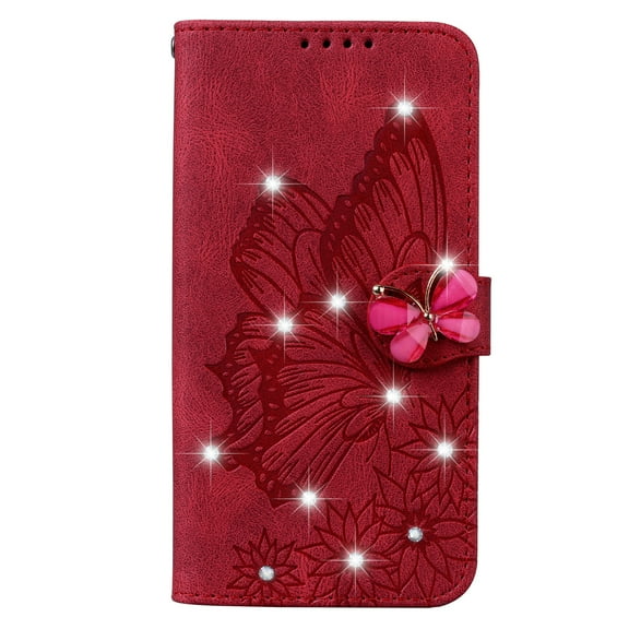 ELEHOLD Wallet Case for iPhone 14 Pro Max,Butterfly Pattern Shiny Diamond with Card Slots Kickstand Magnetic Clasp Shockproof Fashion Folio Wallet Case,Red