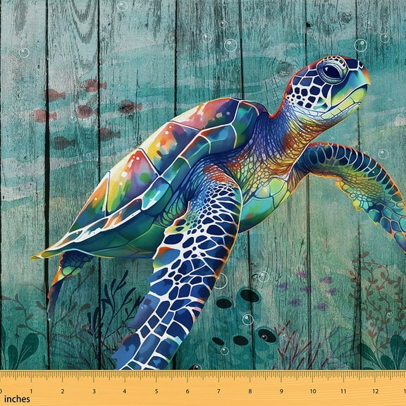 Erosebridal Turtle Fabric By The Yard Sea Tortoise Upholstery Fabric Hawaiian Animal Decorative Fabric Retro Wooden Indoor Outdoor Fabric For Adult ,Blue Natural Waterproof Art 1 Yard