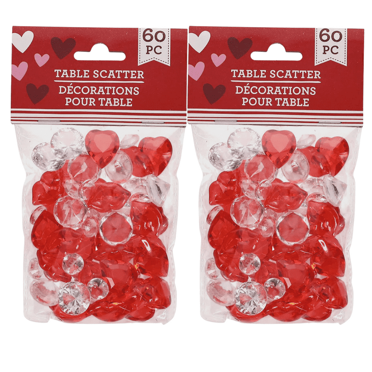 Red and White Transparent Acrylic Hearts, Gems, and Lips for Vase Filler,  Table Scatter, or Valentine's Day Decoration - 60ct Packs - Set of 2 