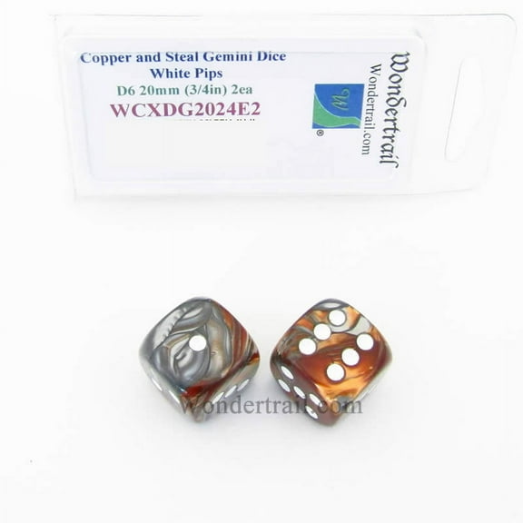 Copper and Steal Gemini Dice with White Pips 20mm (3/4in) D6 Pack of 2 Wondertrail
