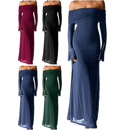 Mifsaly Wedding Guest Dresses for Women Off Shoulder Sequin Dress Bodycon Maxi Evening Gowns Flowy Cocktail Party Fashion Outfits 2026 XS