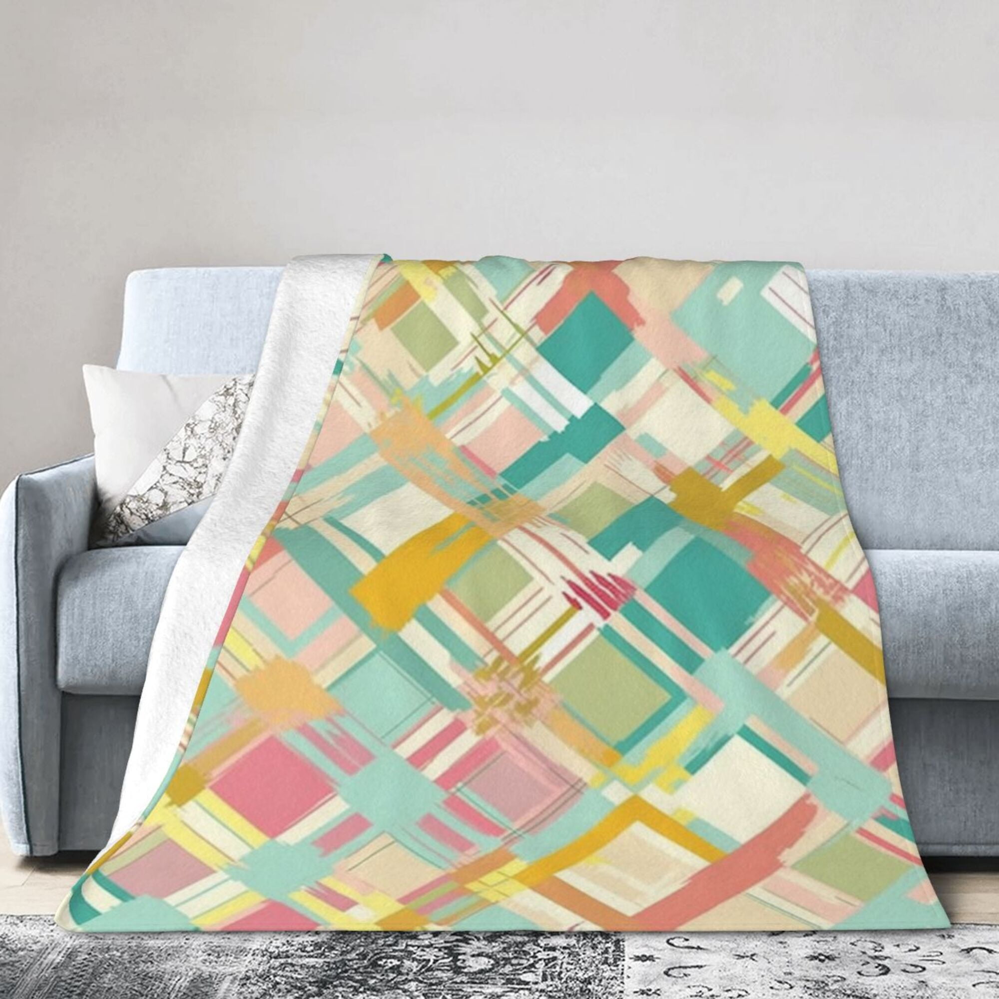 DouZhe Ultra Soft Micro Fleece Lightweight Flannel Bed Blanket Colorful Geometric Squares Llines Print Cozy Warm Throw Blankets 40 x30