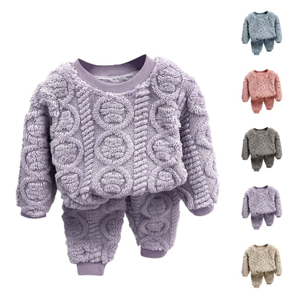 Rvasteizo Toddler Loungewear Solid Fleece Crew Neck Long Sleeve Pullover Top and Long Pants Thick Warm 2 Piece Set for Girls 3-14 Years