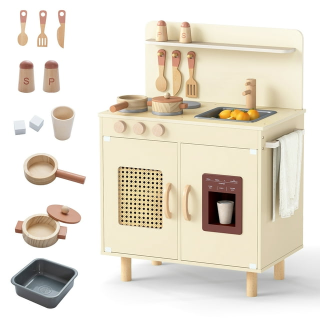 Gymax Cuisine de Jeu avec Machine à Glaçons Réaliste Accessoires de Cuisinière et Rangement pour Évier à Eau Jaune