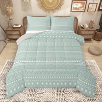 Manfei Modern Geometric Artistic Queen Comforter Set,Light Green White Bedding Sets,Boho Theme Bedding Comforter Set For Girl Teens,Microfiber Bedroom Decor Reversible,3 Pieces