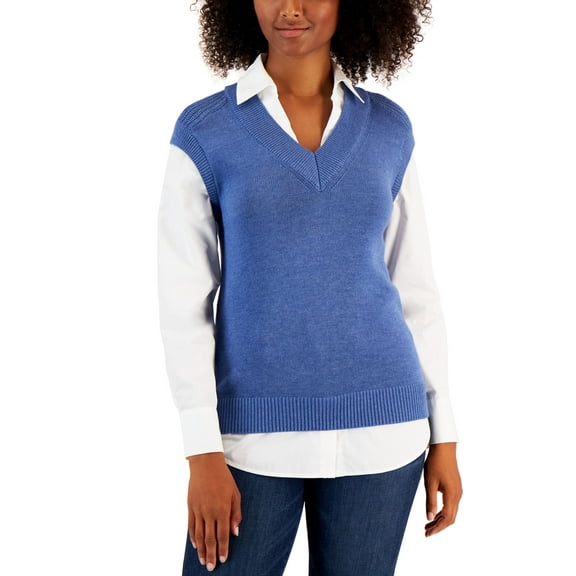 Women's Layered Sweater Vest Top Deep Denim Heather L