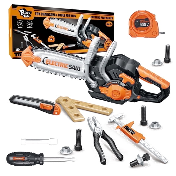 Pairez Toys Pretend Play Tools Set, Electric Chainsaw with Realistic Sounds, Premium ABS Material, 19 Pieces